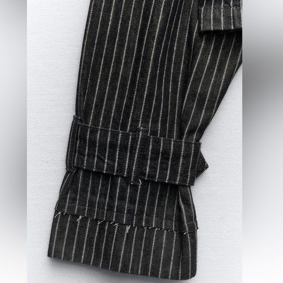 Zara Black pinstripe Denim Cropped belted Jacket Trench Style SZ L NWOT - Picture 10 of 14